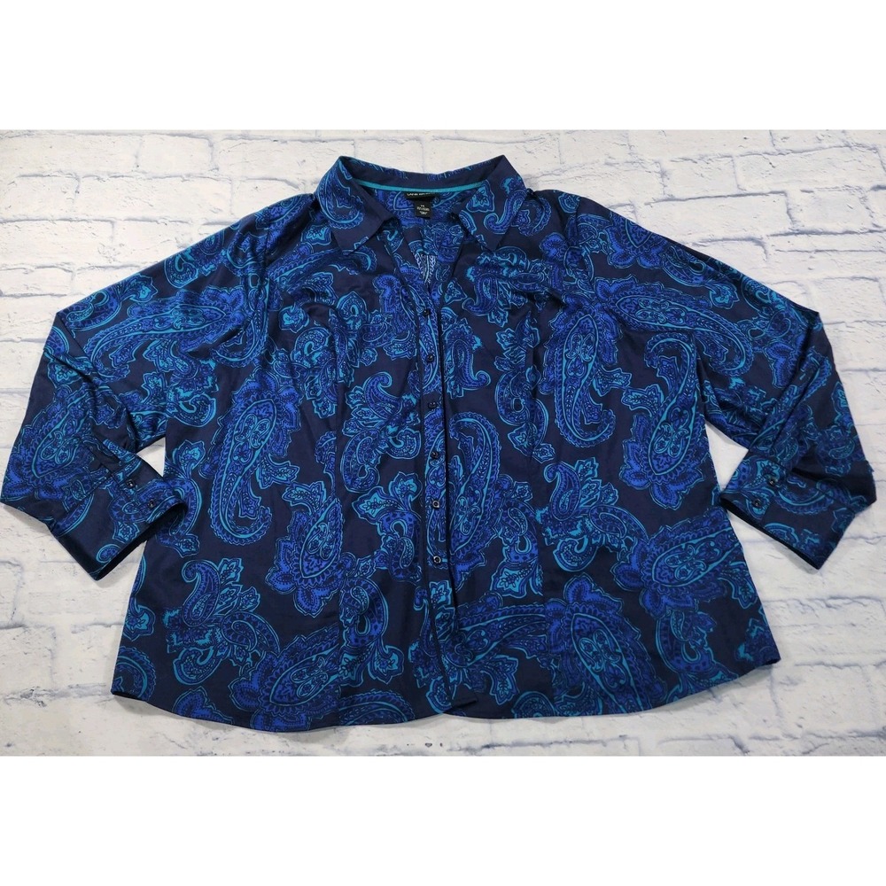 Lane Bryant Button Shirt WOMENS 28 Blue Cotton Blend Paisley Print Long Sleeve